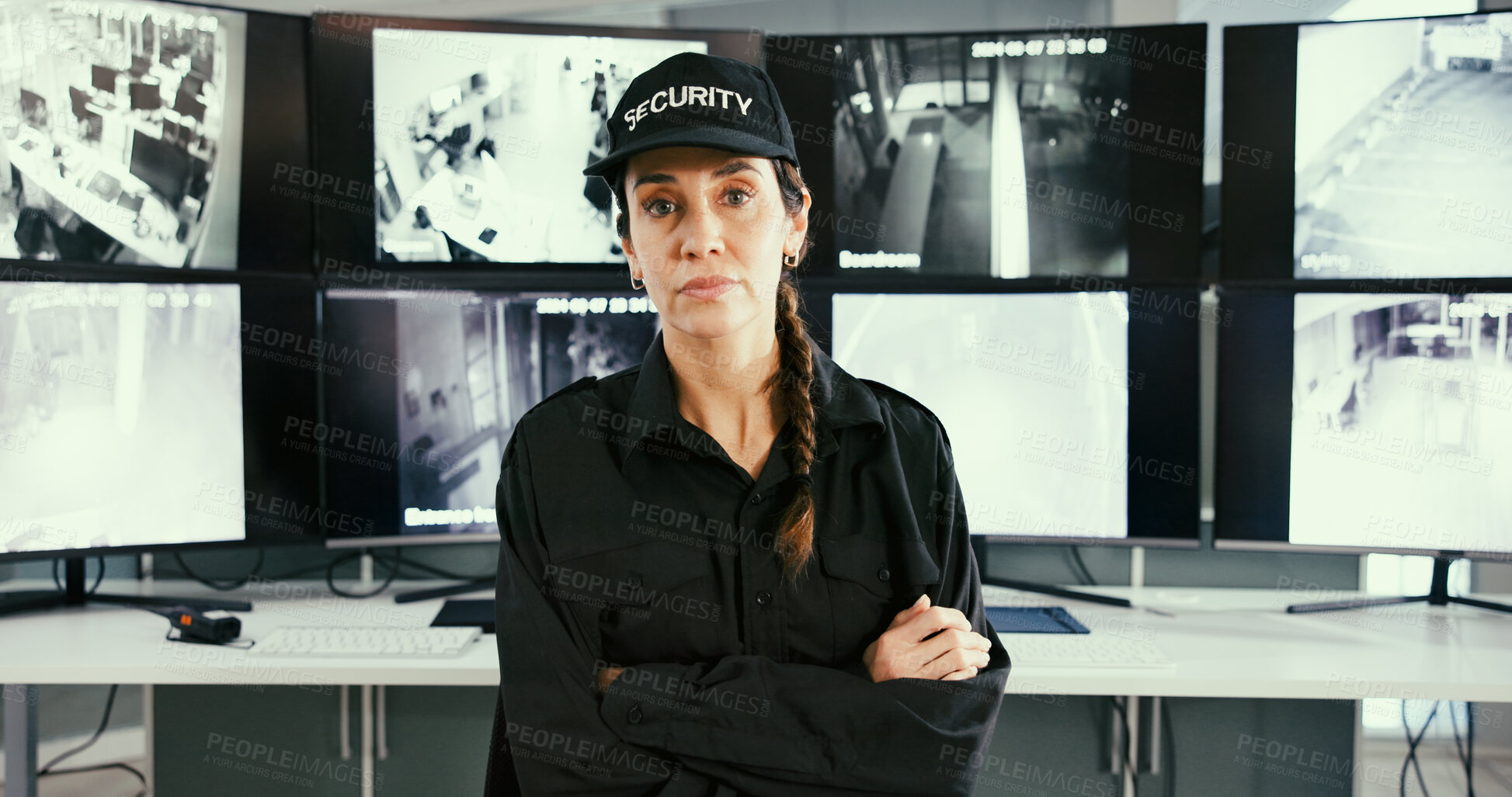 Buy stock photo Security guard, monitor or woman with arms crossed for portrait, camera surveillance or crime prevention. Serious, computer screen or mature person with cctv in control room, pride or property safety