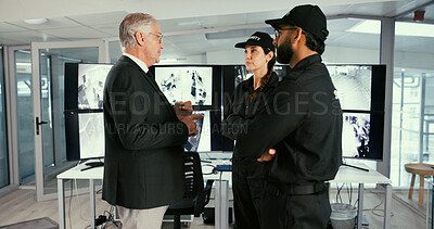 Buy stock photo People, security guard and meeting with team in control room with director for safety planning. Group, men and woman with discussion, review and explain with surveillance system for crime prevention