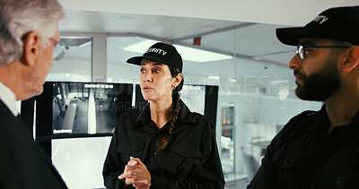 Buy stock photo People, security guard and meeting with group in control room with director for safety planning. Team, woman and men with discussion, review and explain with surveillance system for crime prevention