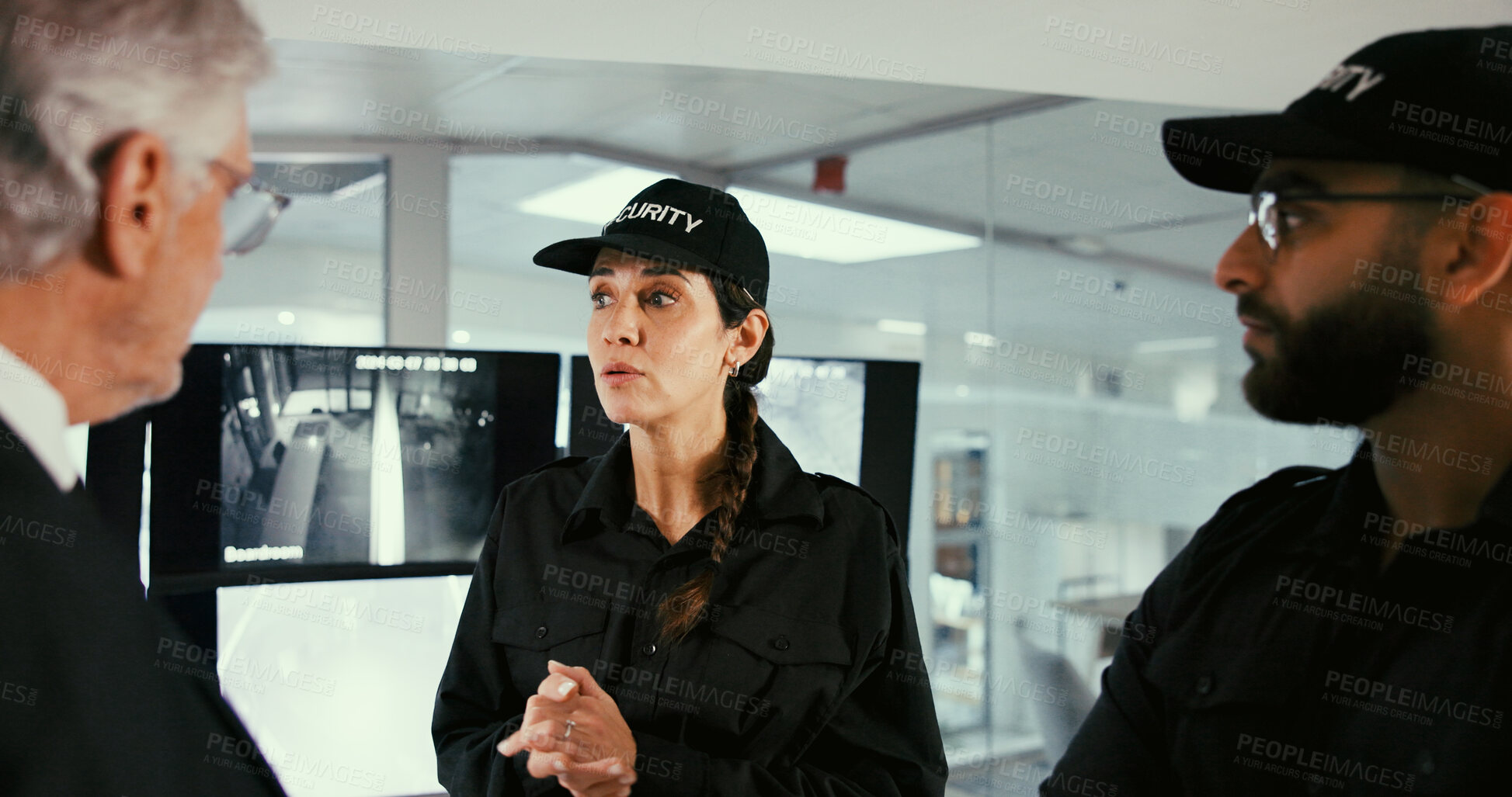Buy stock photo People, security guard and meeting with group in control room with director for safety planning. Team, woman and men with discussion, review and explain with surveillance system for crime prevention