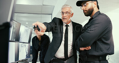 Buy stock photo Computer, manager or security guard with planning in control room, video footage or check cctv blind spot. Monitor screen, team or people talk for surveillance weak point, building safety or pointing