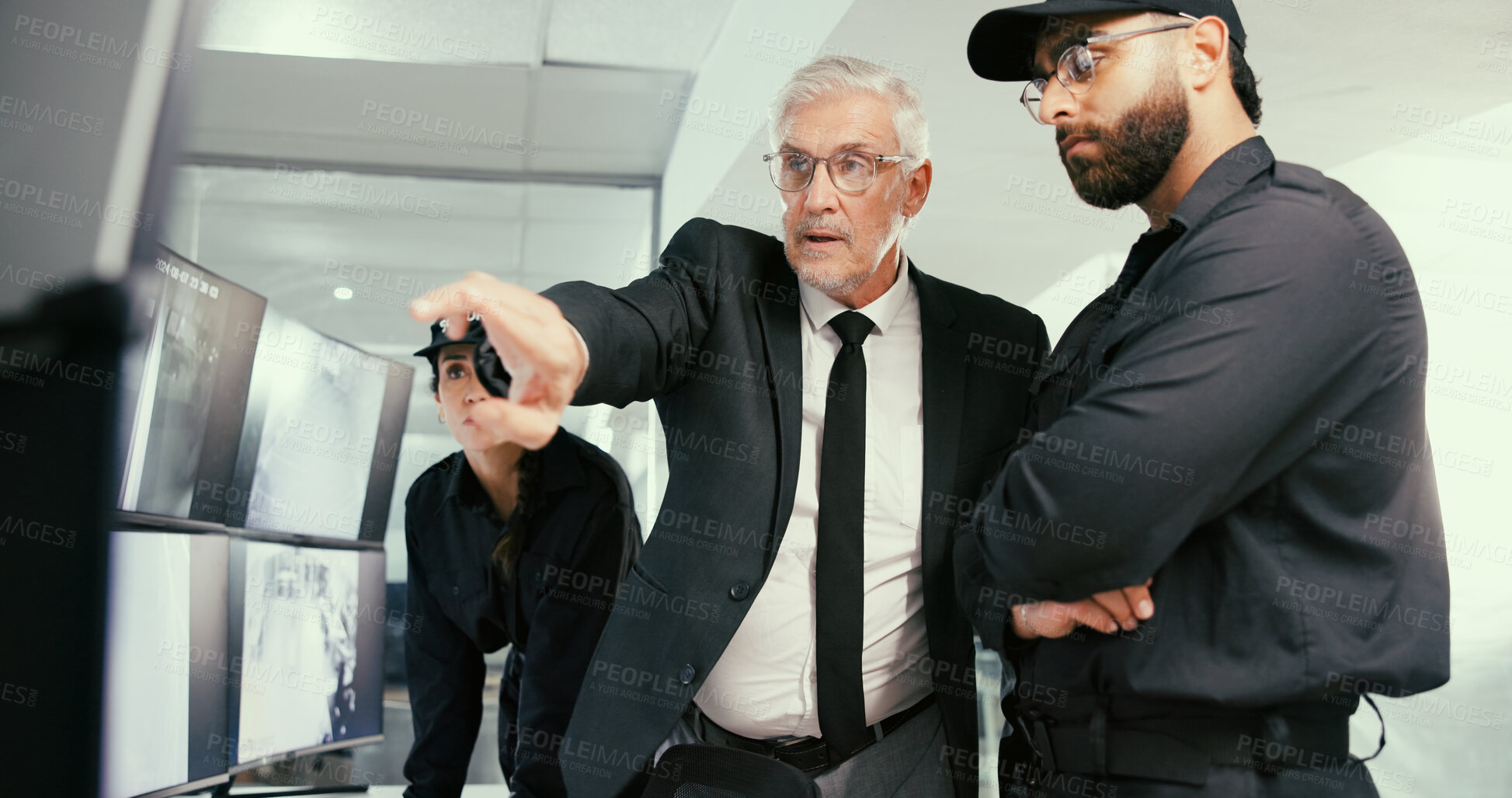 Buy stock photo Computer, manager or security guard with planning in control room, video footage or check cctv blind spot. Monitor screen, team or people talk for surveillance weak point, building safety or pointing