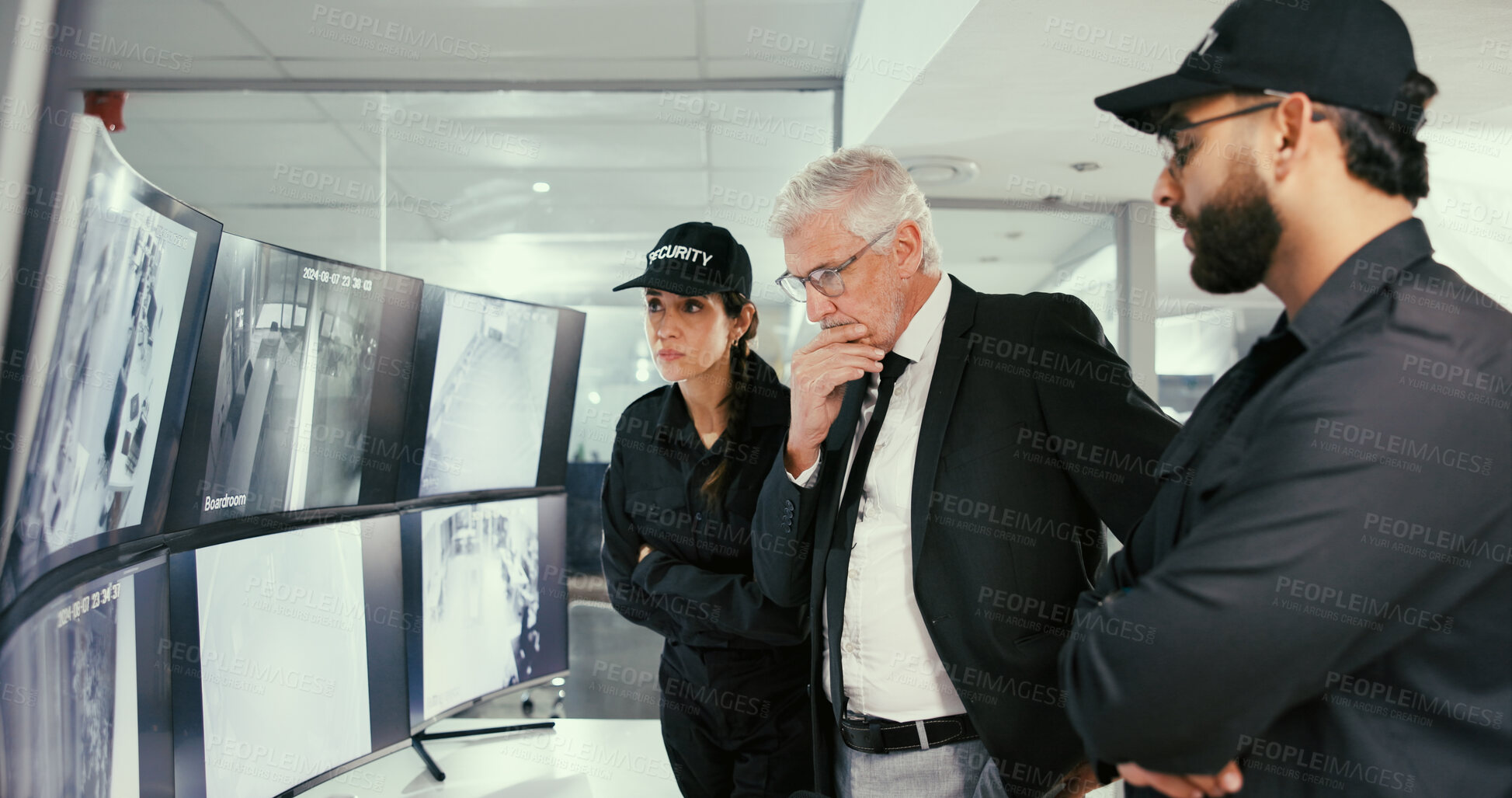 Buy stock photo Monitor, manager or security guard with meeting in control room, video footage or check cctv blind spot. Computer screen, team or people planning for camera weak point, company safety or surveillance
