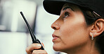 Woman, security and guard with radio in control room for cctv, surveillance and safety check. Mature person, monitoring and tech for inspection, threat detection and feedback for evacuation protocol