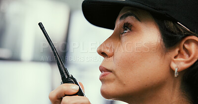 Buy stock photo Woman, security and guard with radio in control room for cctv, surveillance and safety check. Mature person, monitoring and tech for inspection, threat detection and feedback for evacuation protocol