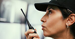 Security guard, woman and computer in control room, radio for video surveillance agency and talking. Employee, officer and person in workplace, pc and monitor for building protection and speaking
