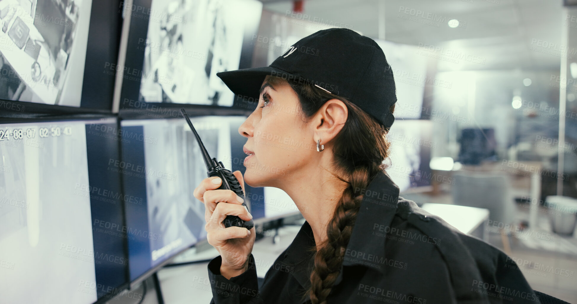 Buy stock photo Security guard, woman and computer in control room, radio and feedback for video surveillance agency. Employee, officer and person in workplace, pc and monitor for building protection or conversation