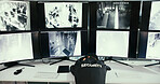 Woman, security guard and sleep with monitor for surveillance, tired and exhausted with overtime. Person, back and safety officer with fatigue, burnout or screen for crime prevention in control room