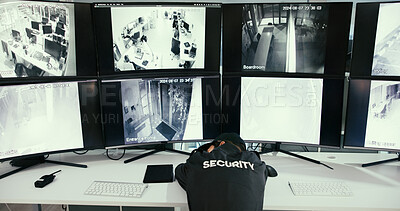 Buy stock photo Woman, security guard and sleep with monitor for surveillance, tired and exhausted with overtime. Person, back and safety officer with fatigue, burnout or screen for crime prevention in control room