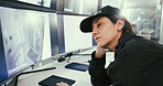 Woman, security guard and sleep with screen for surveillance, tired and exhausted with overtime. Person, rest and safety officer with fatigue, burnout or monitor for crime prevention in control room