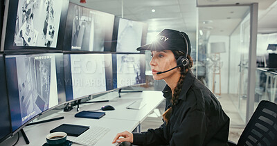 Buy stock photo Security guard, woman and computer in control room, headset and video surveillance agency. Employee, safety officer or person in workplace, pc and monitor for building protection, feedback or footage