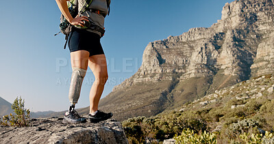 Buy stock photo Woman, hiker or mountain with prosthetic leg for mobility, outdoor workout or muscle rehabilitation. Hiking, rock and person with a disability on cliff for trekking journey, adventure or exercise