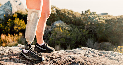 Buy stock photo Legs, nature and prosthetic limb for hiking with exercise, workout and health with space. Prosthesis, fitness and person with a disability outdoor for adventure, hobby and rehabilitation on mountain