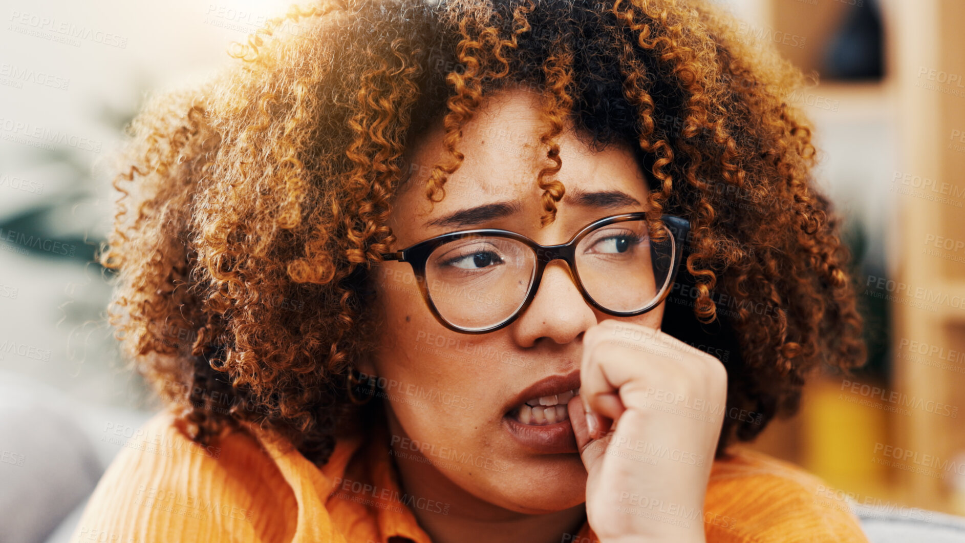 Buy stock photo Thinking, anxiety and nervous with woman on sofa in home for fear, decision and psychology. Glasses, reflection and nail biting with person in living room in house for worry, mental health and stress
