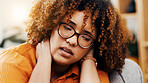 Stress, tired and neck pain with woman in home for frustrated, exhausted and debt crisis. Anxiety, fatigue and  brain fog with person in living room of apartment for mistake, worry and burnout
