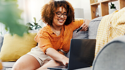 Buy stock photo Laptop, credit card and fintech with woman on sofa in home for ecommerce, online shopping and smile. Digital purchase, banking transfer and savings with person in living room of apartment for eft