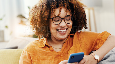 Buy stock photo Smile, phone and relax with woman on sofa for dating app, social media and text message. Matchmaking website, online relationship forum and communication with person and mobile in living room of home