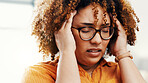 Stress, tired and headache with woman in home for frustrated, exhausted and migraine crisis. Anxiety, fatigue and brain fog with person in living room of apartment for mistake, worry and burnout