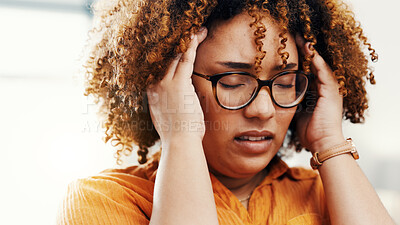 Buy stock photo Stress, tired and headache with woman in home for frustrated, exhausted and migraine crisis. Anxiety, fatigue and brain fog with person in living room of apartment for mistake, worry and burnout