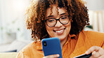 Phone, credit card and ecommerce with woman on sofa in home for fintech, online shopping and smile. Digital purchase, banking transfer and savings with person in living room of apartment for eft