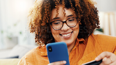 Buy stock photo Phone, credit card and ecommerce with woman on sofa in home for fintech, online shopping and smile. Digital purchase, banking transfer and savings with person in living room of apartment for eft