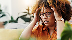 Stress, glasses and headache with woman in home for frustrated, exhausted and migraine crisis. Anxiety, fatigue and brain fog with person in living room of apartment for mistake, worry and burnout