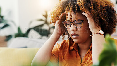Buy stock photo Stress, glasses and headache with woman in home for frustrated, exhausted and migraine crisis. Anxiety, fatigue and brain fog with person in living room of apartment for mistake, worry and burnout