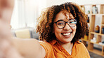 Selfie, smile and portrait of woman in home for social media, content creator and profile picture. Happy, photography pov and influencer post with person in living room of apartment for online memory