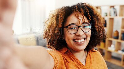 Buy stock photo Selfie, smile and portrait of woman in home for social media, content creator and profile picture. Happy, photography pov and influencer post with person in living room of apartment for online memory