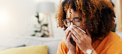 Buy stock photo Blowing nose, tissue and illness with woman in home for flu season, pneumonia infection and sick. Hayfever, sneeze and allergy with person in living room in house for recovery, disease and cold