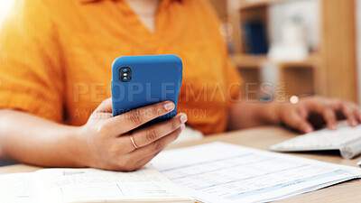 Buy stock photo Documents, phone and hands of woman in home for financial planning, budget, research and fintech. Banking report, online account and investment app with person and mobile for calculating bills