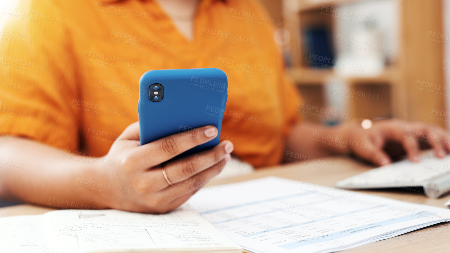 Buy stock photo Documents, phone and hands of woman in home for financial planning, budget, research and fintech. Banking report, online account and investment app with person and mobile for calculating bills