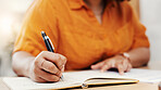 Budget, writing and hands of woman in home for financial planning, documents and research. Banking report, account and investment portfolio with person and notebook for calculating bills and balance