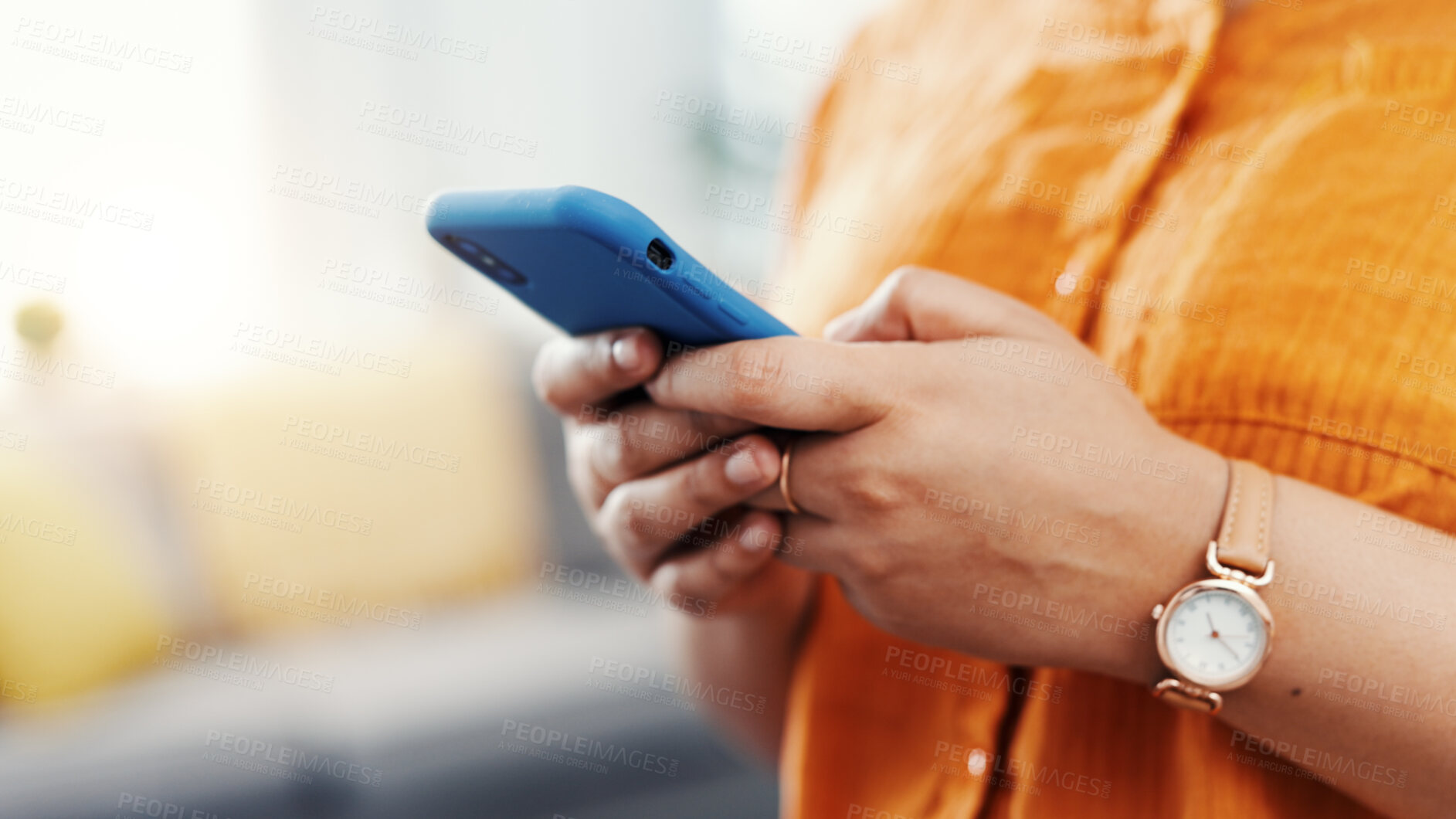 Buy stock photo Typing, phone and hands with woman in home for dating app, social media and text message. Matchmaking website, online relationship forum and communication with person and mobile in living room