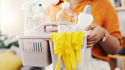 Buy stock photo Cleaning, basket and hands of woman in home for chemicals, sanitary tools and bacteria prevention. Spray, housekeeping and disinfection product with person in apartment for equipment and supplies