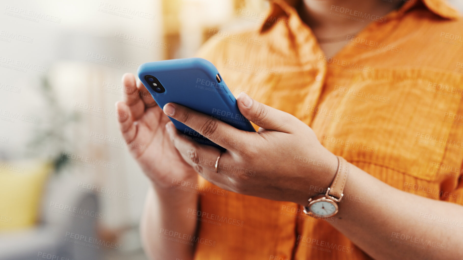 Buy stock photo Texting, phone and hands with woman in home for dating app, social media and text message. Matchmaking website, online relationship forum and communication with person and mobile in living room