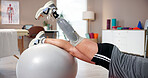 Exercise ball, training and prosthetic leg as person with disability at sport center in physical therapy. Patient, recovery and fitness with healing, woman and wellness at rehab clinic as amputee