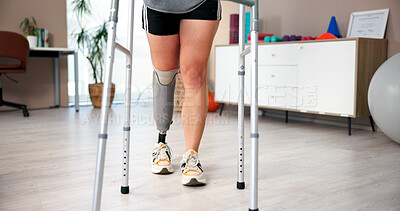 Buy stock photo Prosthetic leg, physiotherapy and woman with walker in clinic for healthcare or exercise. Therapy, recovery or rehabilitation for person with a disability with muscle, balance or treatment for injury