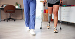 Nurse, patient or crutches with prosthetic leg for mobility training or balance in clinic. Client, physiotherapist and helping person with a disability for muscle rehabilitation, recovery or aid