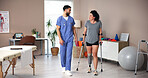 Doctor, patient or crutches with prosthetic leg for mobility training or balance in clinic. Nurse, physiotherapist and helping person with a disability for muscle rehabilitation, recovery or aid