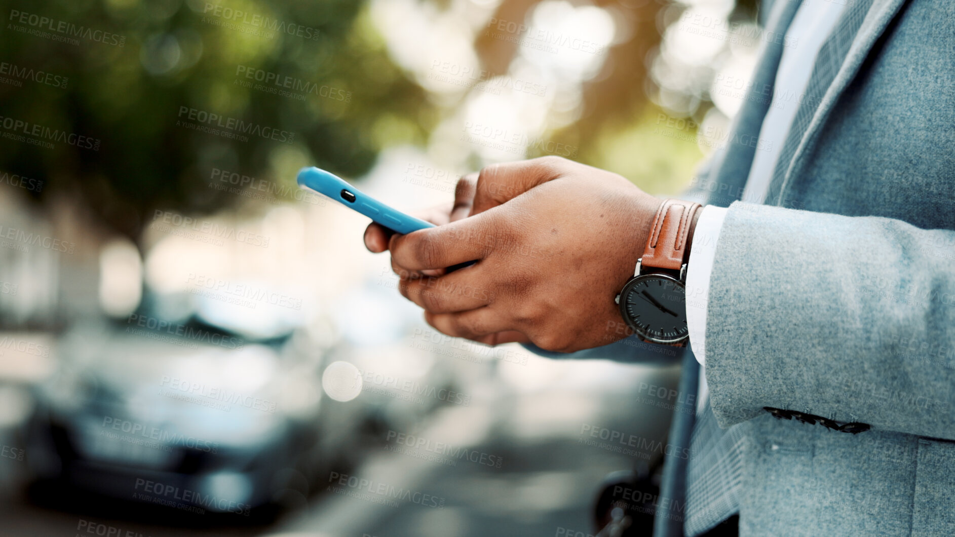 Buy stock photo Phone, email and hands of business man in city for contact, client feedback and online financial advisor. Communication, broker app and connection with person and mobile outdoor for chat and texting