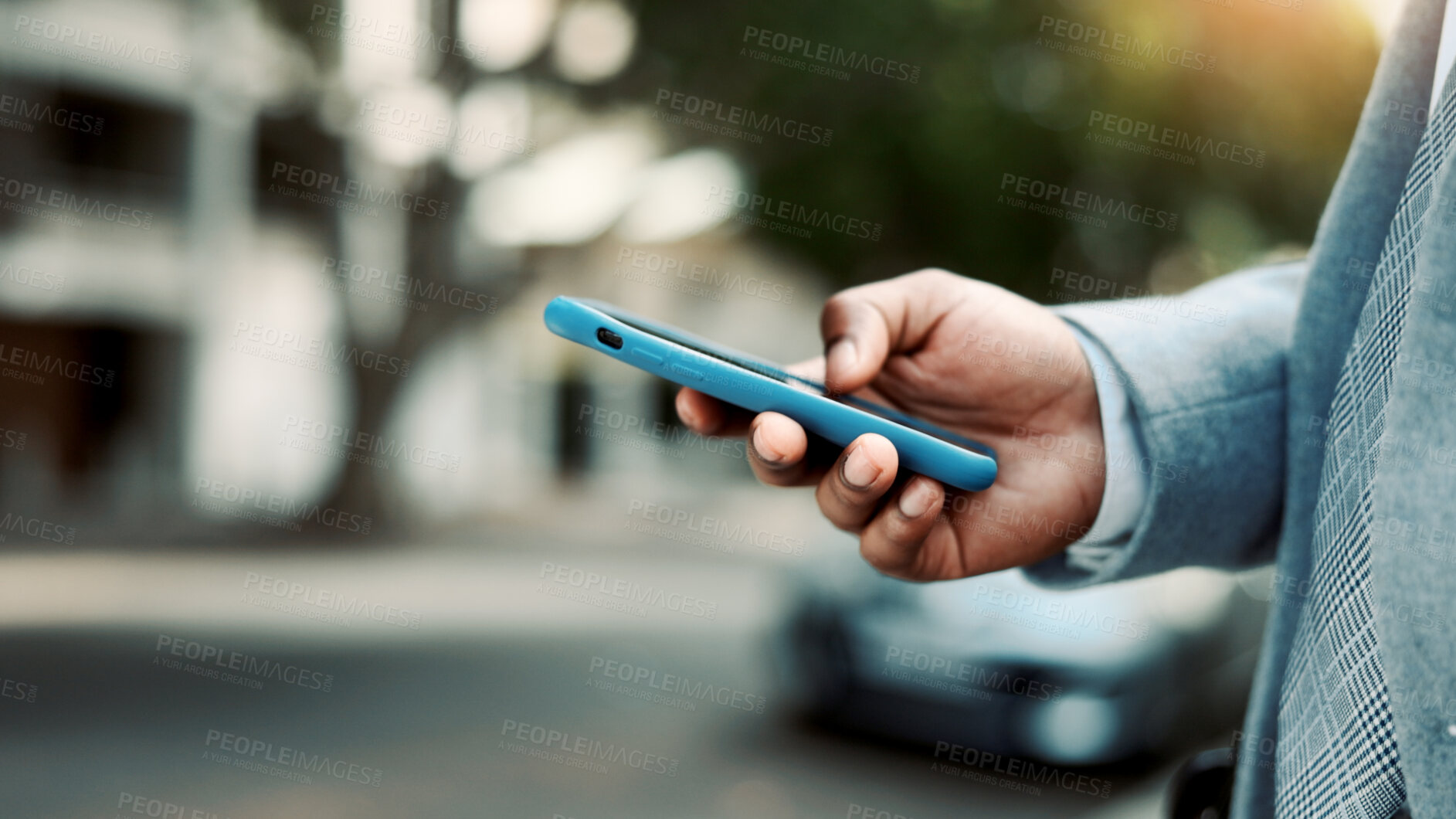 Buy stock photo Phone, travel and hands of business man in city for contact, client feedback and online financial advisor. Communication, broker app and commute with person and mobile outdoor for chat and texting