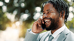 Phone call, smile and business black man in city for contact, client feedback and financial advisor. Communication, broker discussion and connection with person and mobile outdoor for chat and talk