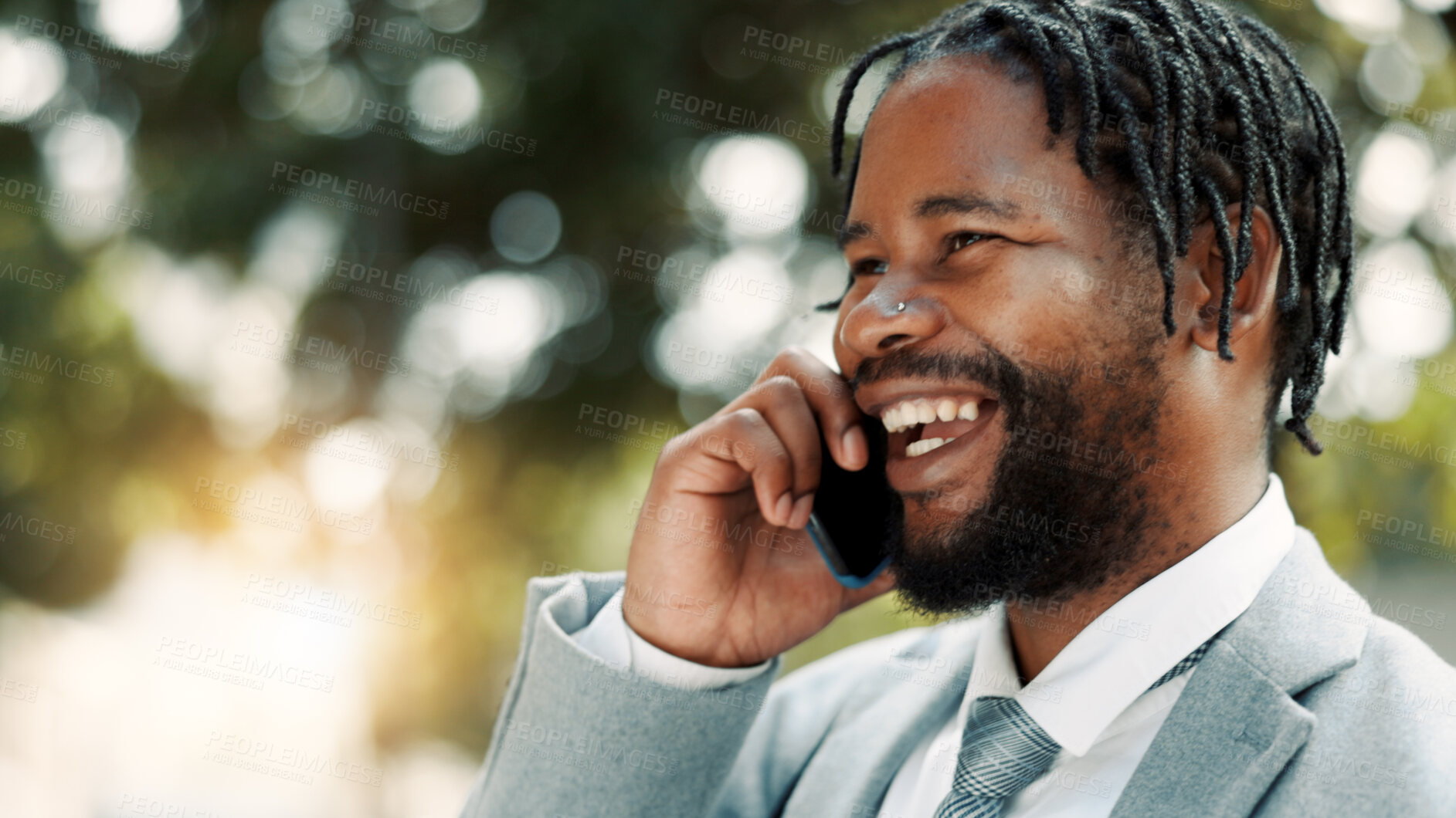 Buy stock photo Phone call, smile and business black man in city for contact, client feedback and financial advisor. Communication, broker success and trader profit with person and mobile outdoor for chat and bokeh