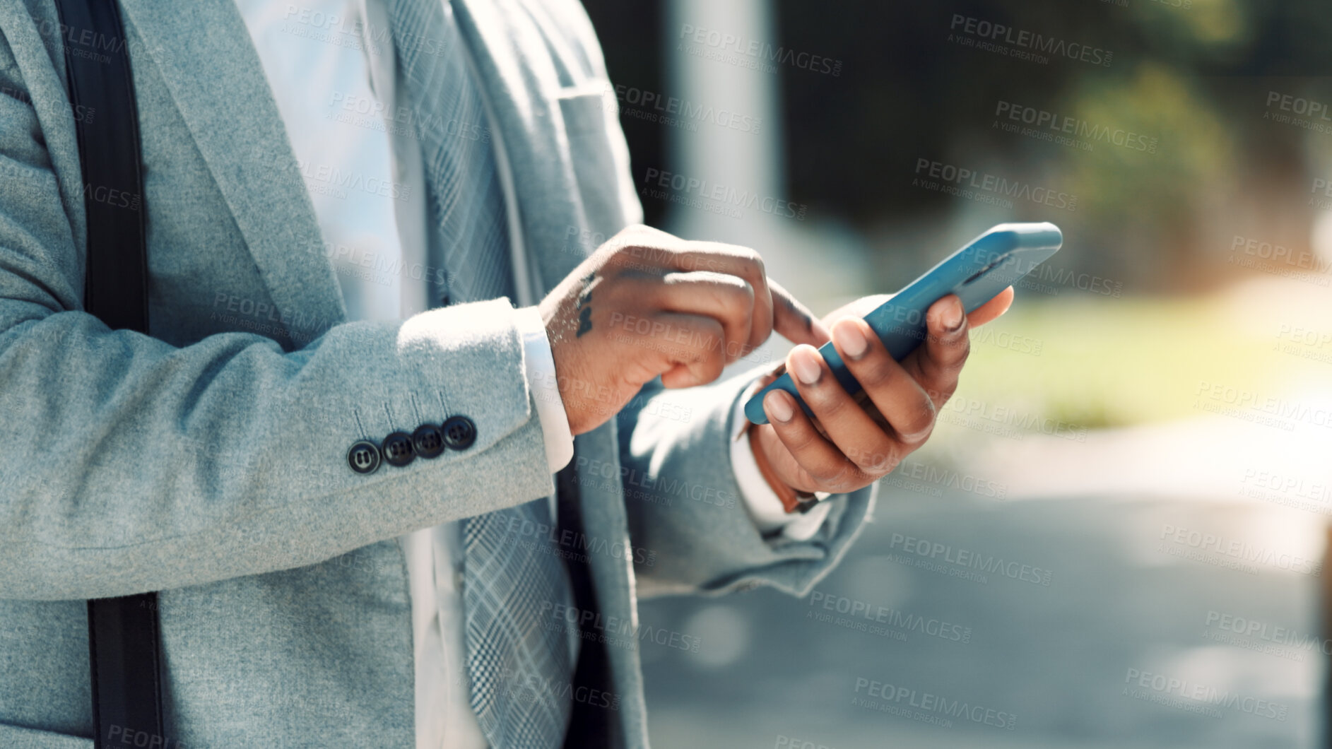 Buy stock photo Phone, scroll and hands of business man in city for contact, client feedback and online financial advisor. Communication, broker app and connection with person and mobile outdoor for chat and texting