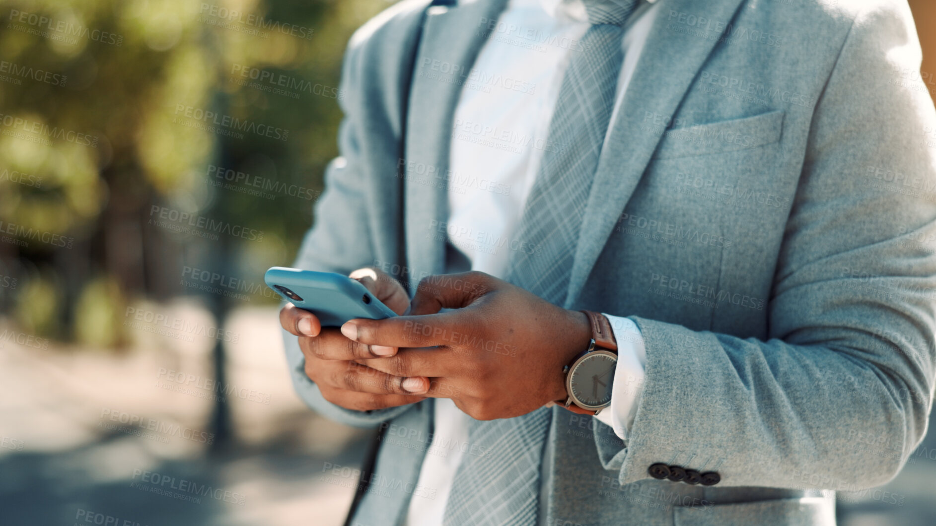 Buy stock photo Phone, contact and hands of business man in city for typing, client feedback and online financial advisor. Communication, broker app and connection with person and mobile outdoor for chat and texting
