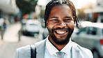 Portrait, investor and black man in city, travel and career ambition with urban town. Corporate professional, financial advisor or African person in street, happiness and morning commute to start day