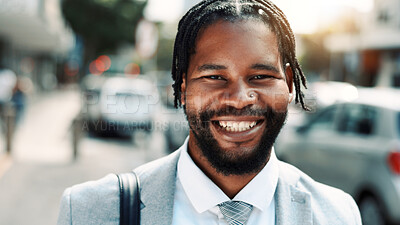 Buy stock photo Portrait, investor and black man in city, travel and career ambition with urban town. Corporate professional, financial advisor or African person in street, happiness and morning commute to start day