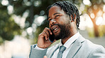 Phone call, talk and business black man in city for contact, client feedback or financial advisor. Communication, broker discussion and connection with person and mobile outdoor for chat and speaking