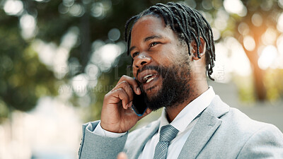 Buy stock photo Phone call, talk and business black man in city for contact, client feedback or financial advisor. Communication, broker discussion and connection with person and mobile outdoor for chat and speaking